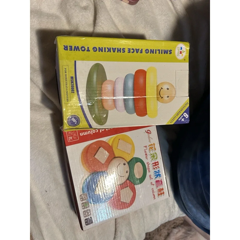 Lot of 2 Wooden Montessori Baby Toys Shape Sorter Stacking Rings Learning 6M